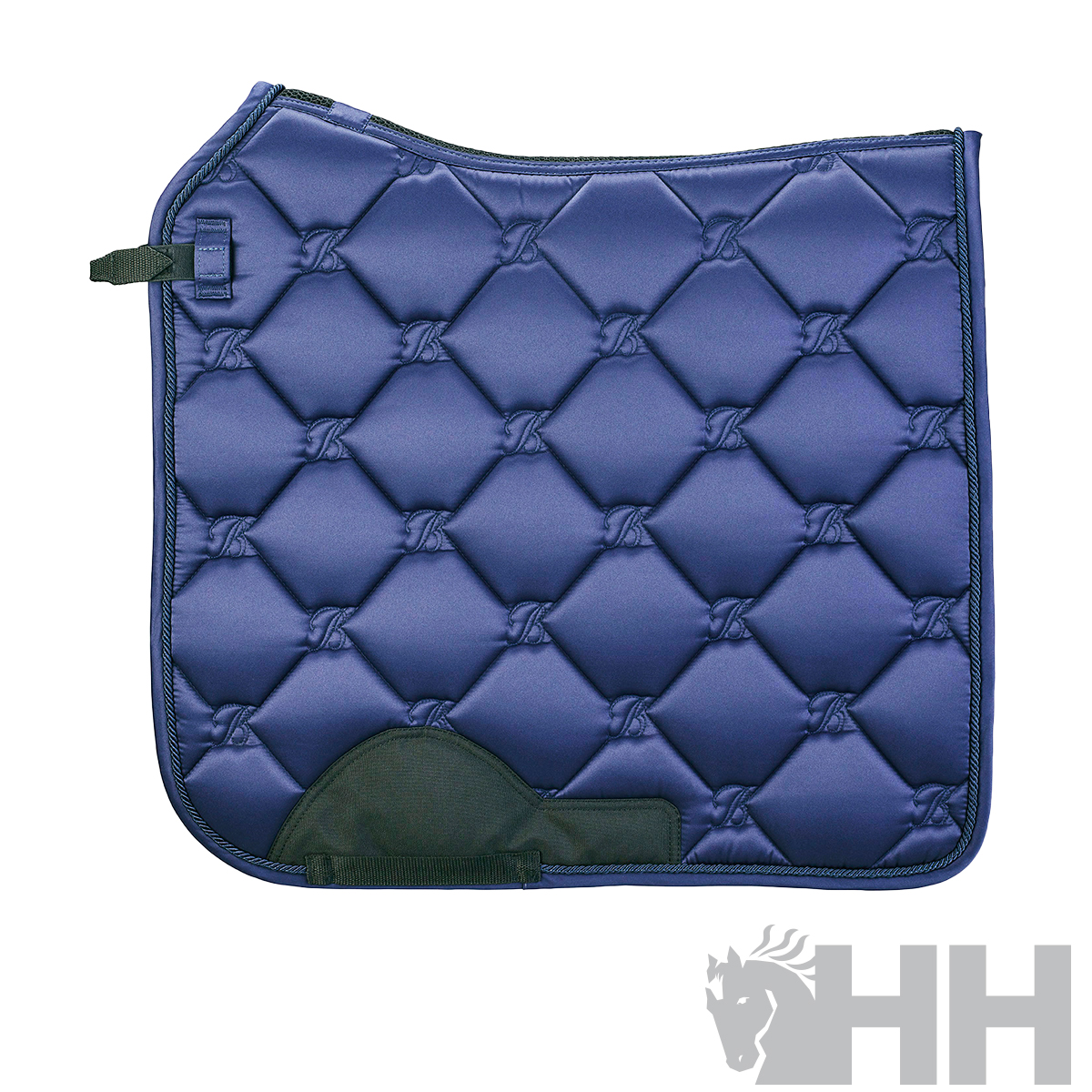 Amortecedor de sela azul acolchoado com reforço preto e velcro, fundo branco, logotipo HH.