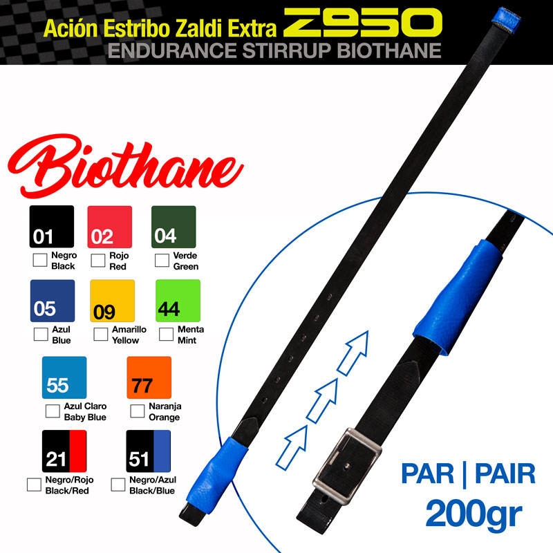 Espora Zaldi Extra Z950 azul em biothane com fivela metálica e alças ajustáveis, peso 200 gramas.