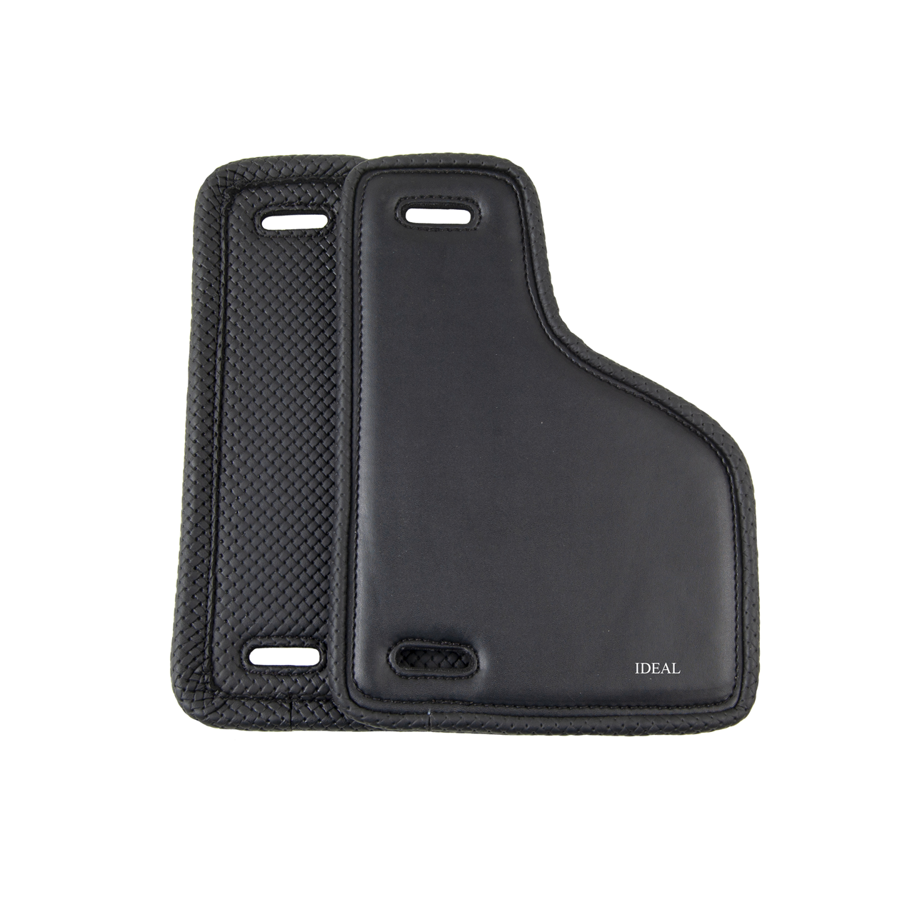 Proteção preta de couro com a palavra IDEAL e três aberturas retangulares