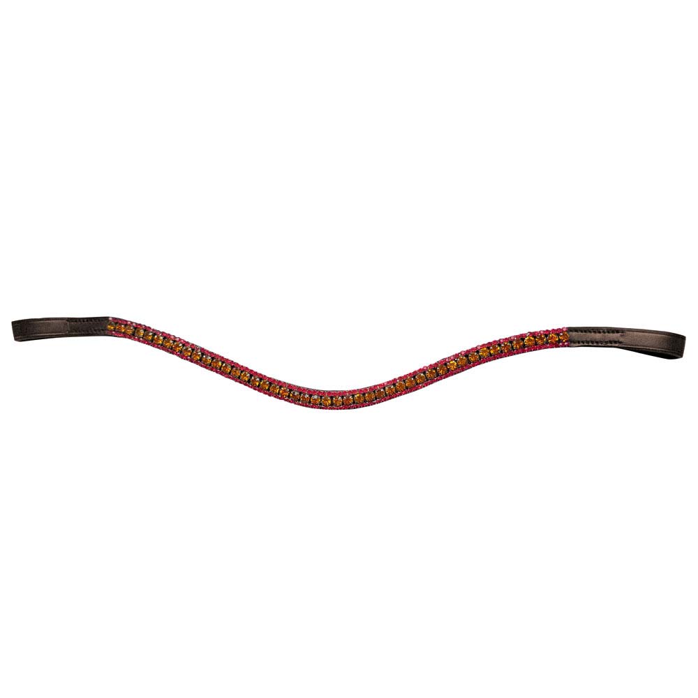 Cabeçada equestre com tira frontal curva decorada com pedras vermelhas e laranja