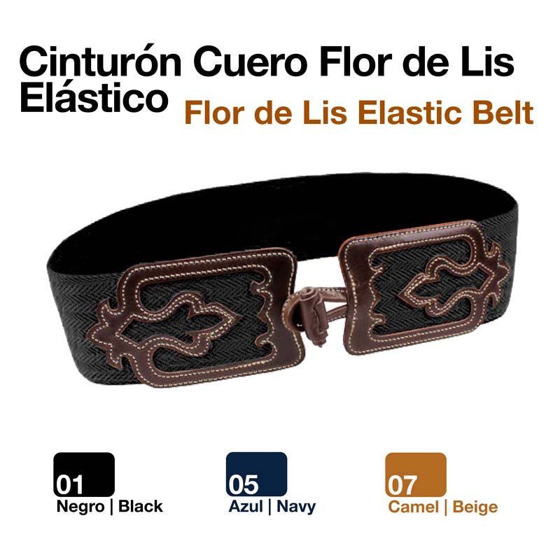 Cinto elástico preto com fivela em couro castanho com padrão flor-de-lis