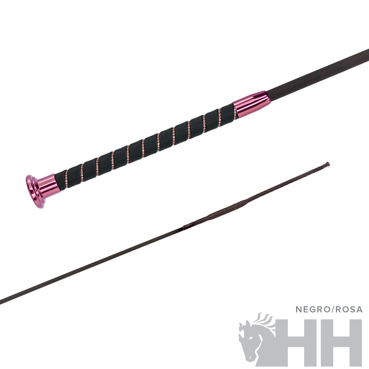 Cabo de vara fino preto com detalhes rosa metálicos e revestimento em fita, texto NEGROROSA e logótipo HH