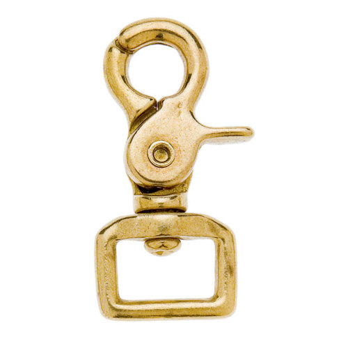 Mosquetão de metal dourado com fecho e base quadrada