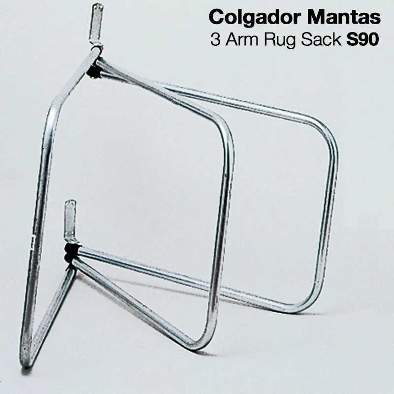 Pendurador metálico para mantas com três braços, texto informativo ao lado.