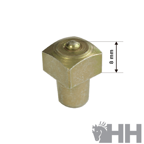 Peça metálica dourada hexagonal e tubular com indicação de 8 mm