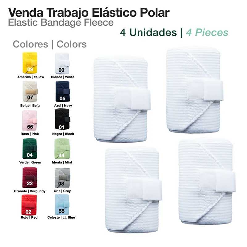 Vendas elásticas polares brancas com caixa de cores e texto explicativo