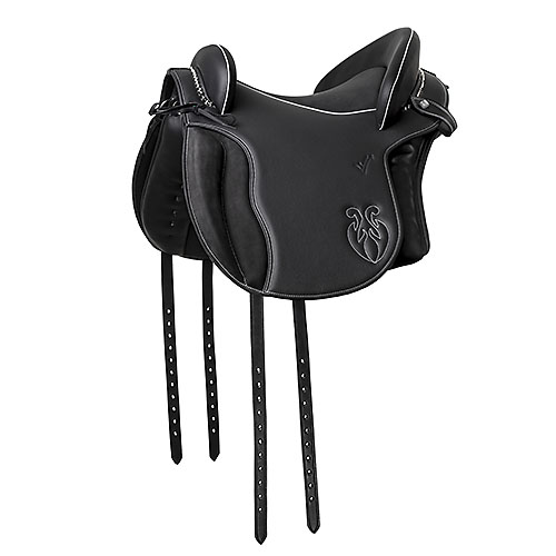 Sela de equitação preta com detalhes cinza e relevo na lateral