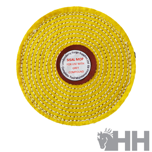 Disco mop amarelo redondo com etiqueta central e logótipo HH cinza