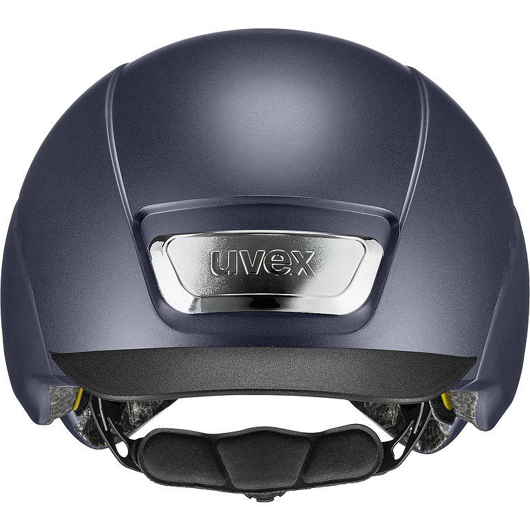 Capacete azul escuro com placa 'uvex' frontal