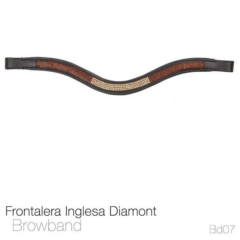 Frontalera inglesa diamont em couro preto com cristais castanhos e bege