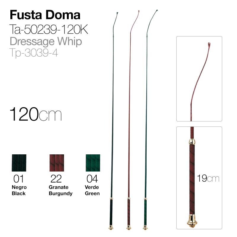 Três fustas de doma de 120 cm com cabo de 19 cm nas cores preto, bordô e verde