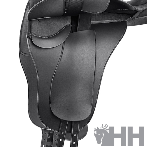 Sela de equitação preta em couro com alças ajustáveis e logo HH