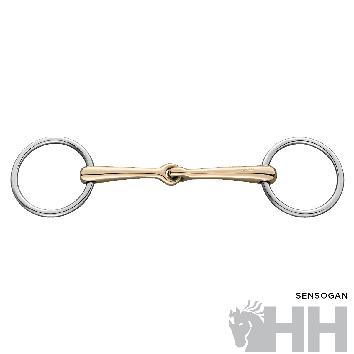 Freio simples com bocal dourado e argolas prateadas sobre fundo branco