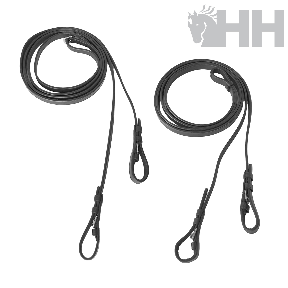 Dois cabos pretos finos com ganchos, fundo branco e logotipo HH cinzento