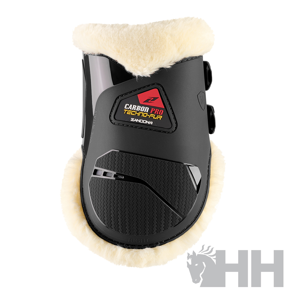 Proteção para casco de cavalo preta com forro em pelo bege e texto CARBON PRO TECHNOFLEX SALKONA