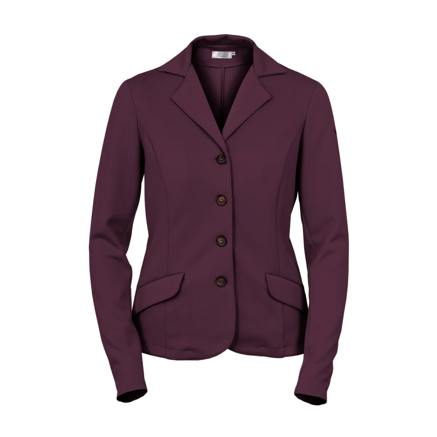 Blazer feminino roxo com botões castanho-escuros e bolsos frontais