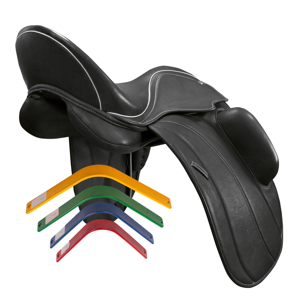 Sela de equitação preta com suporte metálico colorido