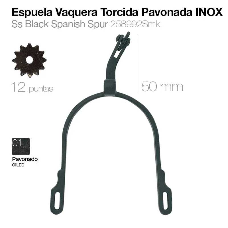 Espuela vaquera torcida pavonada inox preta com 12 pontas e 50 mm, texto Ss Black Spanish Spur 258992Smk e indicação Oiled