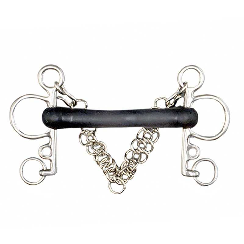 Freio cavalo com bocal preto e estruturas metálicas prateadas