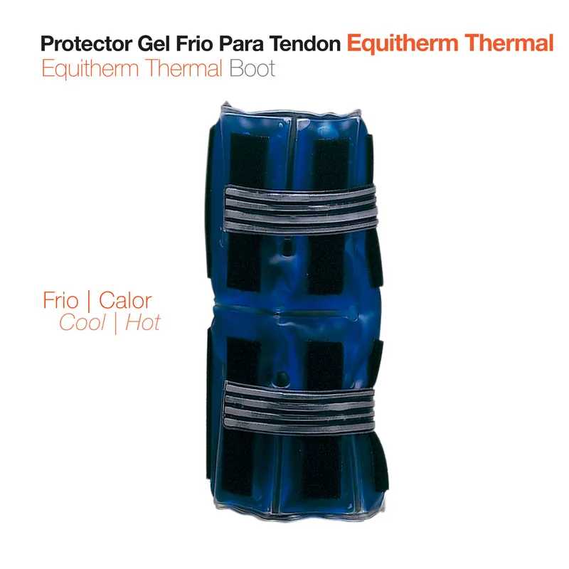 Protector de gel frio azul escuro para tendão com tiras elásticas cinza e preta