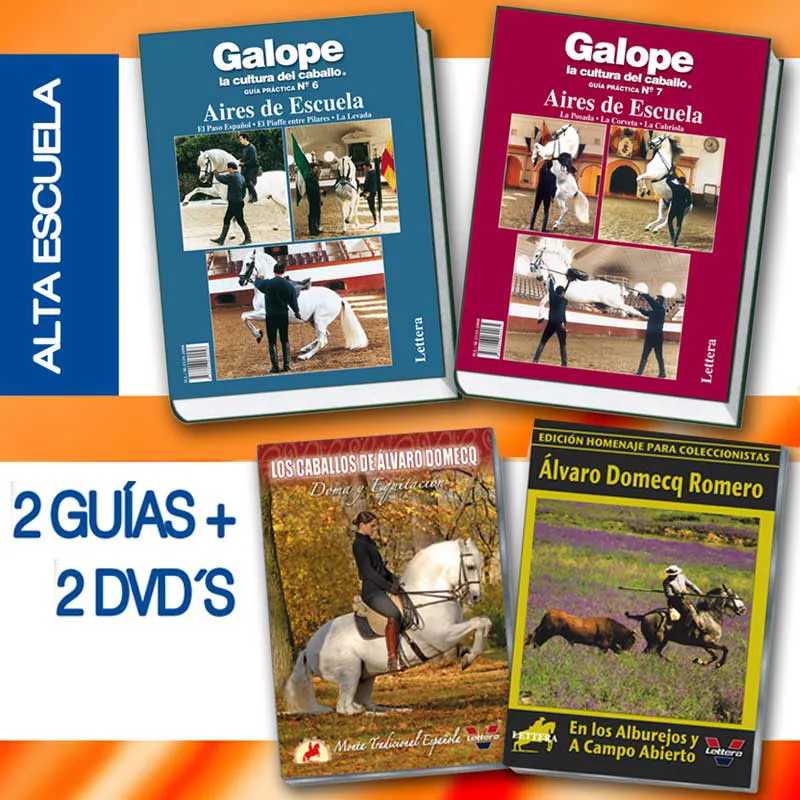 Conjunto de dois livros e dois DVDs sobre treino e cultura equestre com imagens de cavalos e cavaleiros