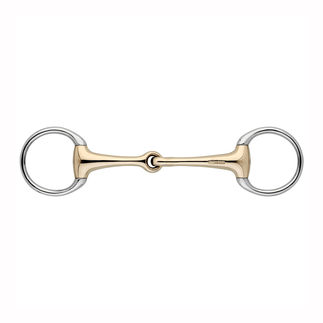 Ferro de embocadura de cavalo em metal com anéis prateados e barra dourada