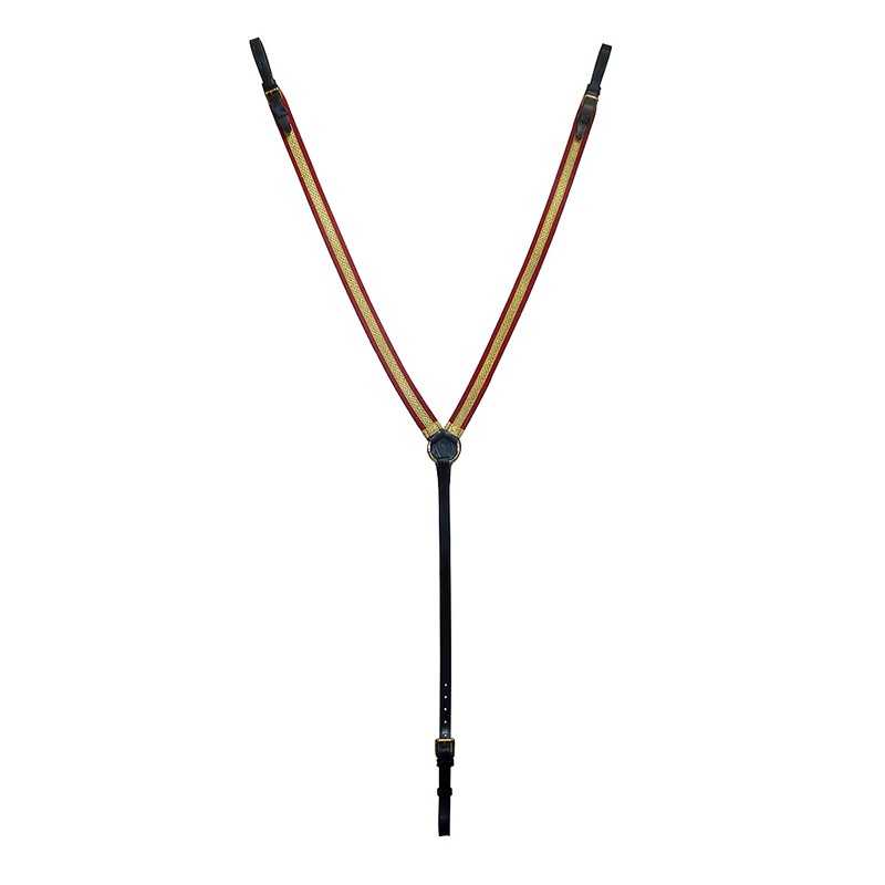 Suspensório masculino listrado amarelo, vermelho e preto com acabamentos em couro preto
