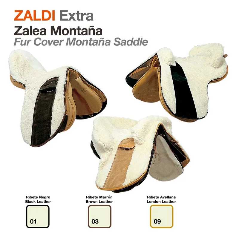 Capas de sela de montanha ZALDI Extra em couro preto, castanho e avelã com pêlo branco.