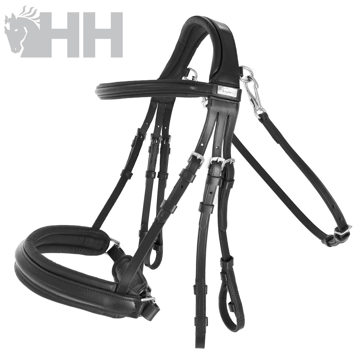 Freio para cavalo preto em couro com fivelas metálicas e placa 'Classic', fundo branco com logotipo 'HH'
