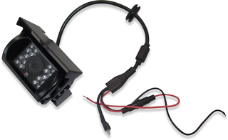 Câmara de vigilância preta com cabos e LEDs
