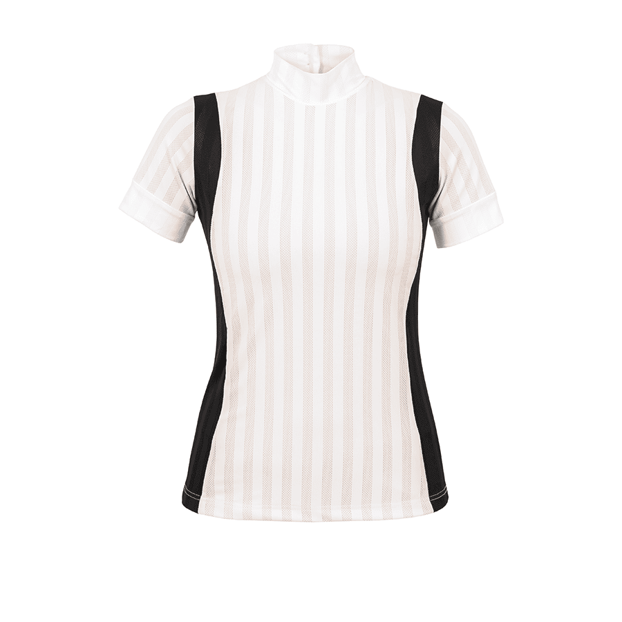 T-shirt feminina branca com riscas e lados pretos de manga curta