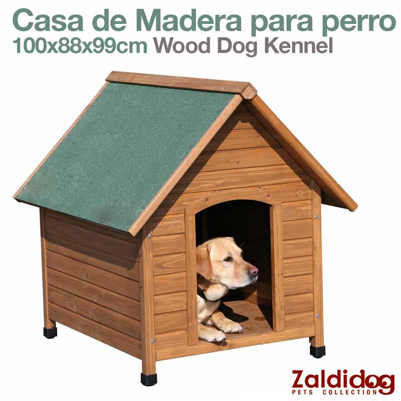 Casa de madeira castanha para cão com telhado verde e cão dentro, texto e logo Zaldidog