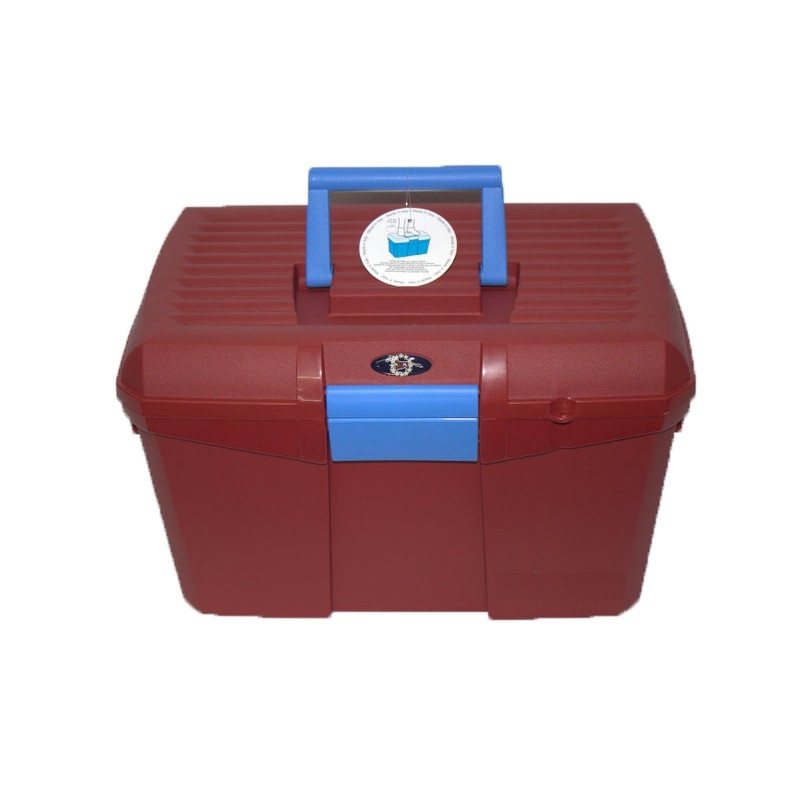 Caixa de arrumação de plástico castanha com pega azul