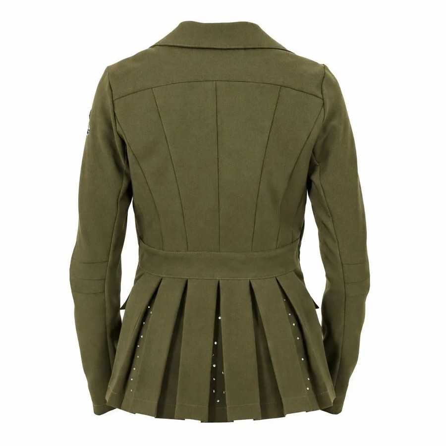 Casaco feminino verde militar plissado com detalhes brilhosos