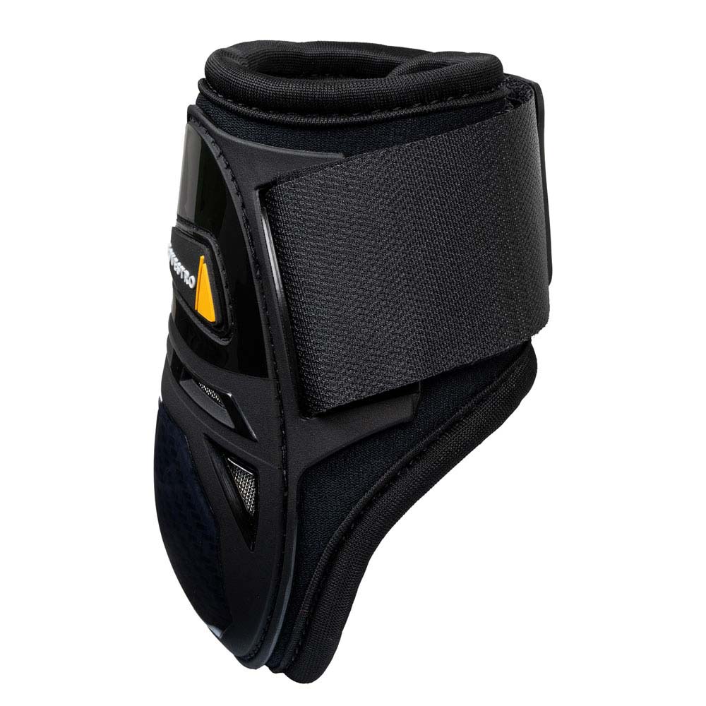 Proteção desportiva preta com velcro e detalhes amarelos