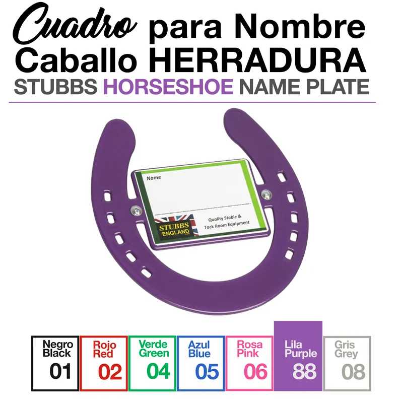 Ferradura lilás com placa de identificação para cavalo, cores e números