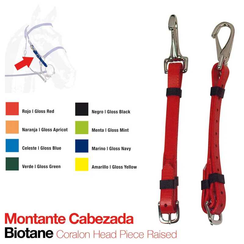 Montante cabezada Biotane vermelho brilhante com ferragens metálicas, mostrando opções de cores e texto informativo.