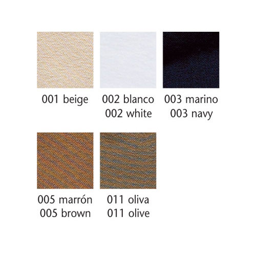 Amostras de tecido de várias cores com códigos e nomes em espanhol e inglês