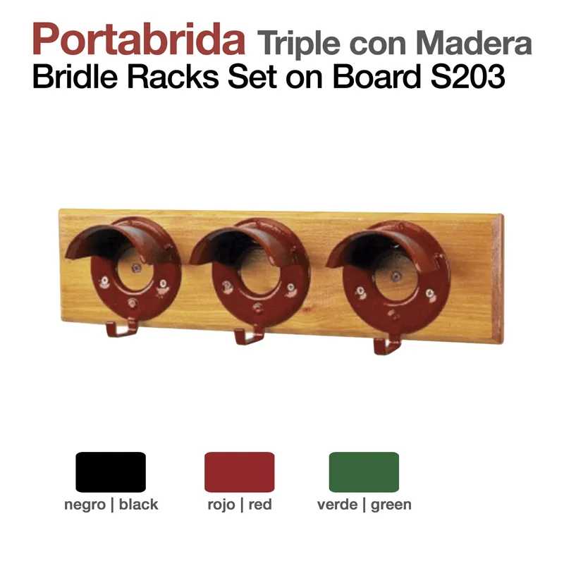 Conjunto de porta-bridas triple em madeira com três suportes circulares vermelhos