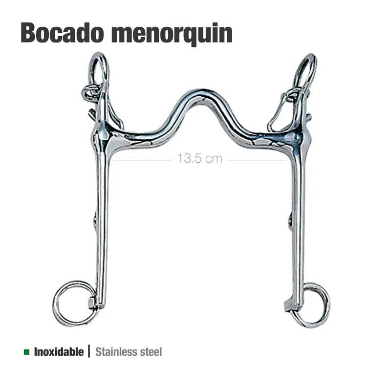 Bocado menorquín de aço inoxidável, 13,5 cm, em fundo branco com texto