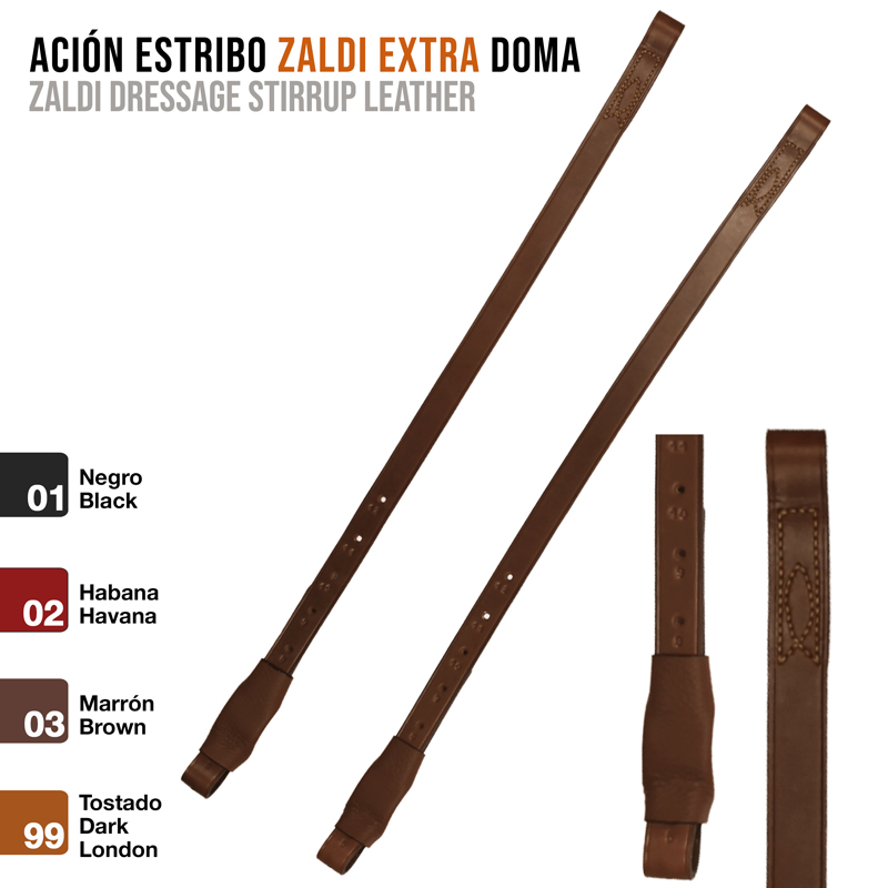 Tiras de estribo de couro em diferentes tons com texto sobre cores e descrição do produto