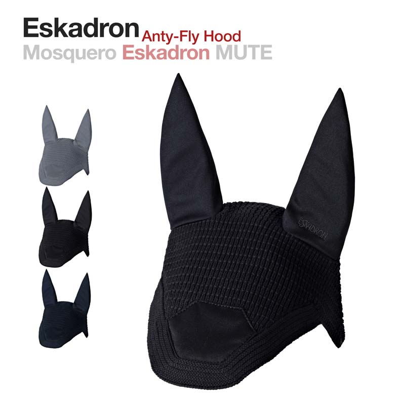 Mosquero preto para cavalo com textura tricotada e orelhas altas, texto Eskadron Anty-Fly Hood Mosquero Eskadron MUTE