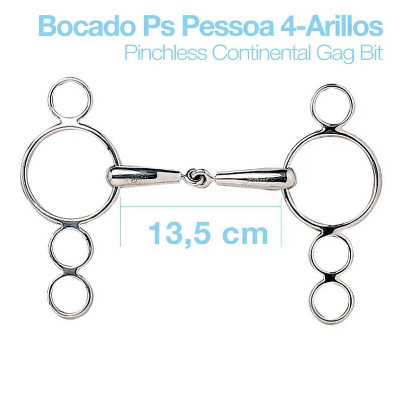 Bocado Pessoa 4-Arillos em metal prateado com quatro argolas e peça central articulada, medida 13,5 cm