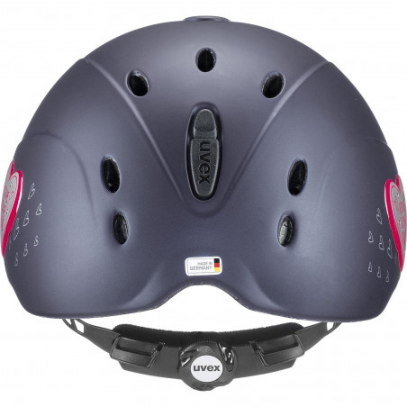 Capacete cinzento escuro UVEX com detalhes rosa e ventilação