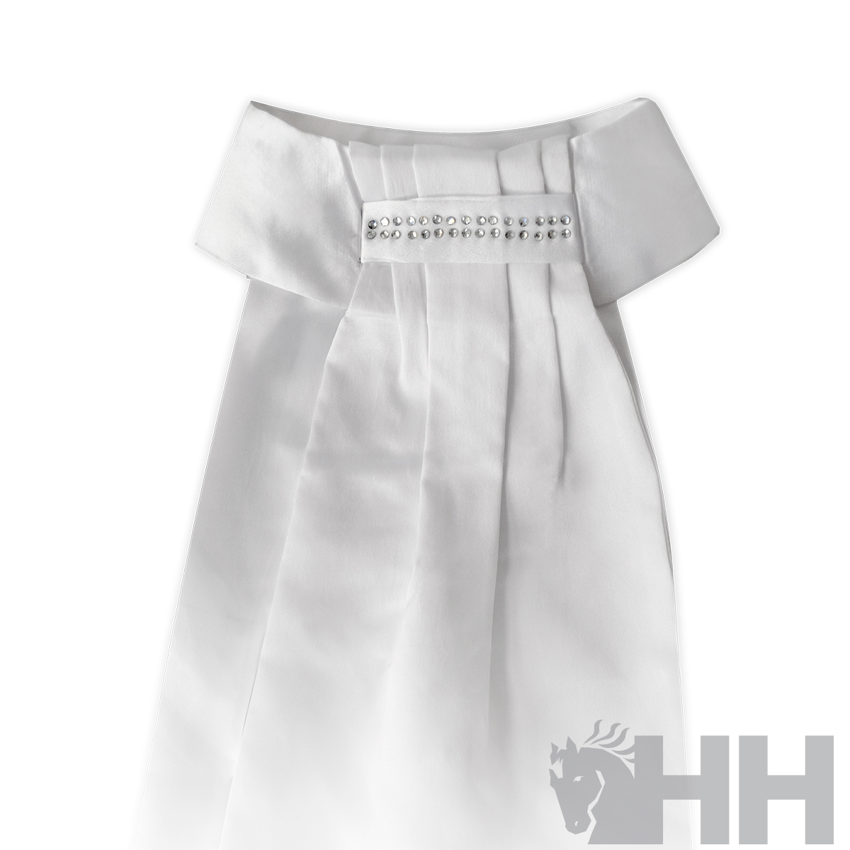 Gravata branca com detalhes metálicos prateados sobre fundo branco