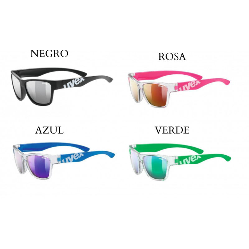 Quatro óculos de sol coloridos com as cores preto, rosa, azul e verde, com texto Uvex nas hastes.