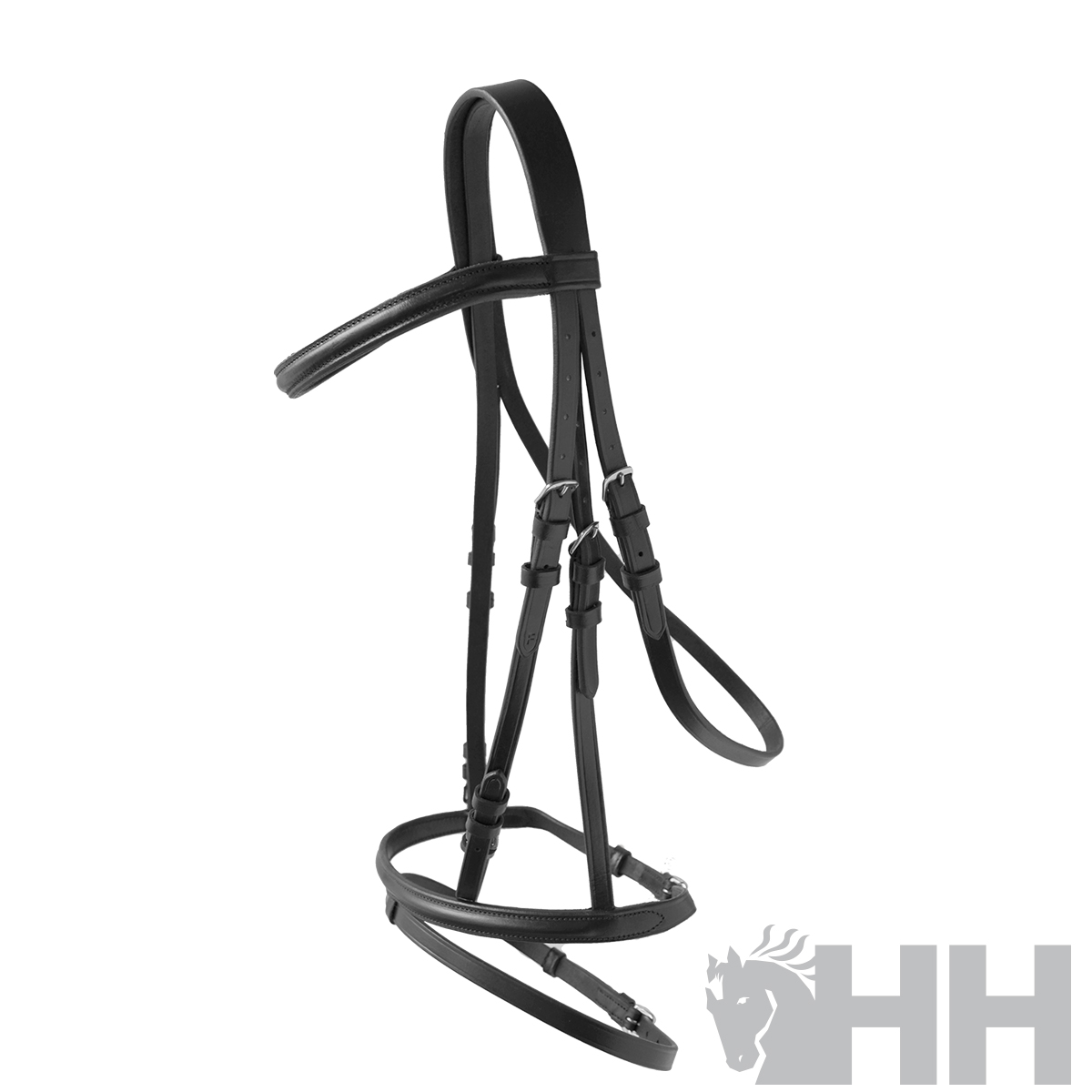 Bridão de cavalo em couro preto com correias ajustáveis e fivela metálica