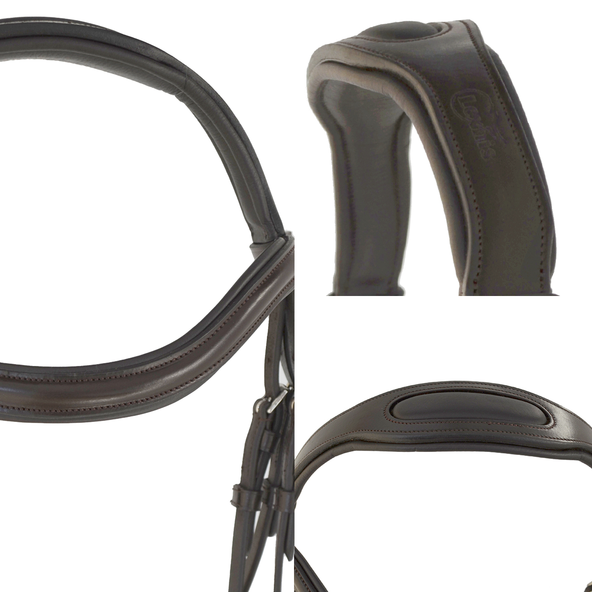 Cabresto em pele marrom escuro com acolchoamento e texto 'GPA' em relevo