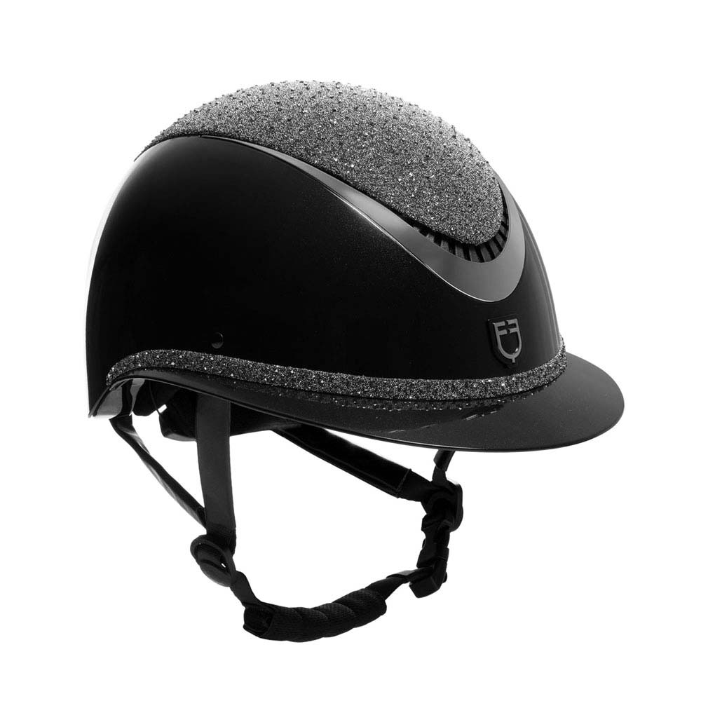 Capacete de equitação preto com detalhes brilhantes prateados
