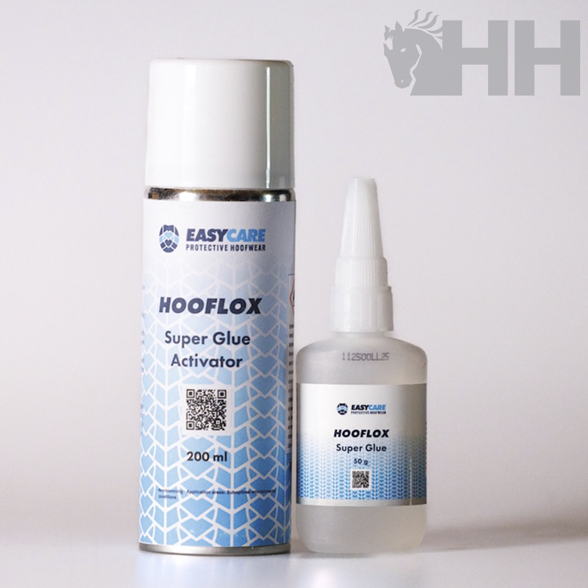 Dois frascos do HOOFLOX Super Glue da EASYCARE com rótulos azul e branco